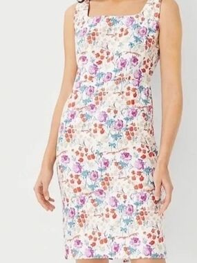 Ann Taylor Petite Cream Floral Square-Neck Midi Dress